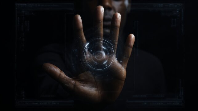 Futuristic human hand with glowing blue lines and circular illuminated pattern interacting with digital interface on dark background.
