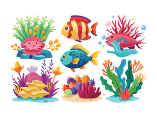 Collection of colorful cartoon fish and vibrant coral reef elements isolated on white background
