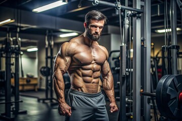 A man with a muscular body is standing in a gym