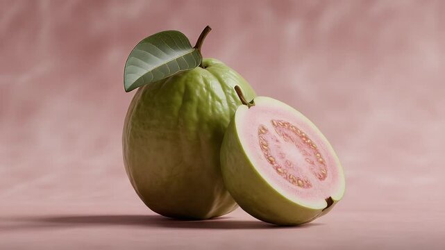 Vibrant guava fruit close up sliced and whole guava on pink background