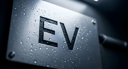 Electric Vehicle Charging Station Signage With Water Droplets Close Up
