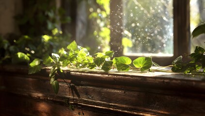 Sunlit indoor windowsill with green plants and soft morning light