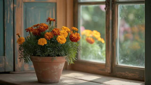 Vibrant marigolds in rustic window setting nature photography