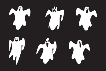 Halloween Ghosts, Scary Flying Ghosts. Vector set of silhouettes of ghouls or white spirits with spooky faces. Flying ghosts or nightmarish shadows, foggy figures, typical for horror holidays.