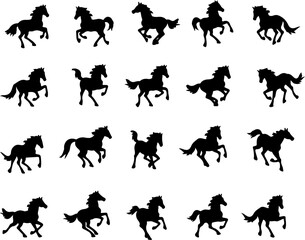 Dynamic Array of Black Horse Silhouettes in Various Poses Against a White Background Evoking Movement and Graceful Equine Forms