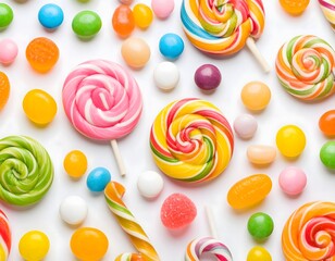 Colorful candies and lollipops isolated on white background