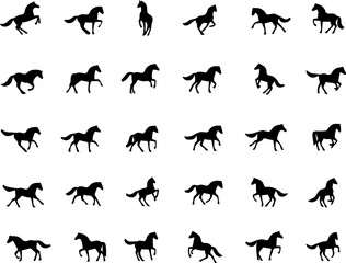 A Collection of Black Horse Silhouettes in Various Poses on a White Background Displaying Movement and Grace