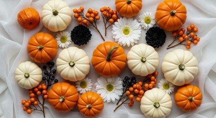 Fototapeta premium Festive Orange and White Pumpkins with Flowers on Sheer White Fabric