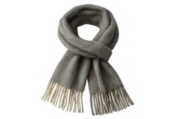 Gray wool scarf with fringes, tied and isolated on transparent background, perfect for winter apparel mockups