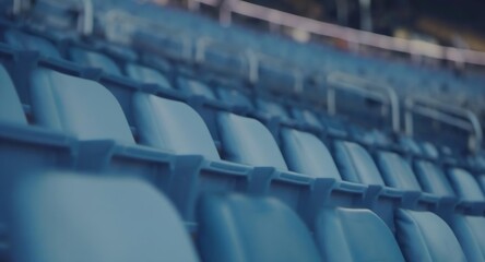 Naklejka premium Empty Blue Stadium Seating Rows, Awaiting Game Day Excitement, Quiet Anticipation, Sports Venue, Blue Hues, Public Seating
