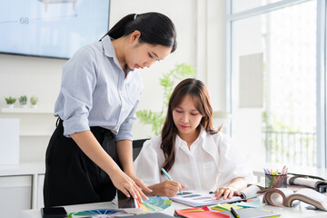 Woman architect designer select material compare samples finishing. Female interior creator...