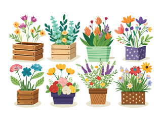 Collection of eight potted flower arrangements in various containers isolated on white background
