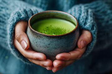A close-up of hands holding a bowl of vibrant green matcha tea, emphasizing wellness and traditional Japanese culture with a focus on healthy lifestyle and mindfulness.
