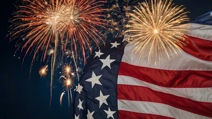 Celebrating Independence Day with patriotic elements such as American flags, red, white, and blue decorations, fireworks, and star motifs. The composition should feel joyful, proud, and energetic.  