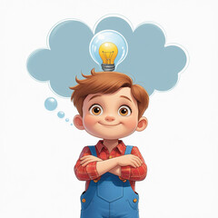 A boy with a light bulb above his head signifies he is thinking of an idea.