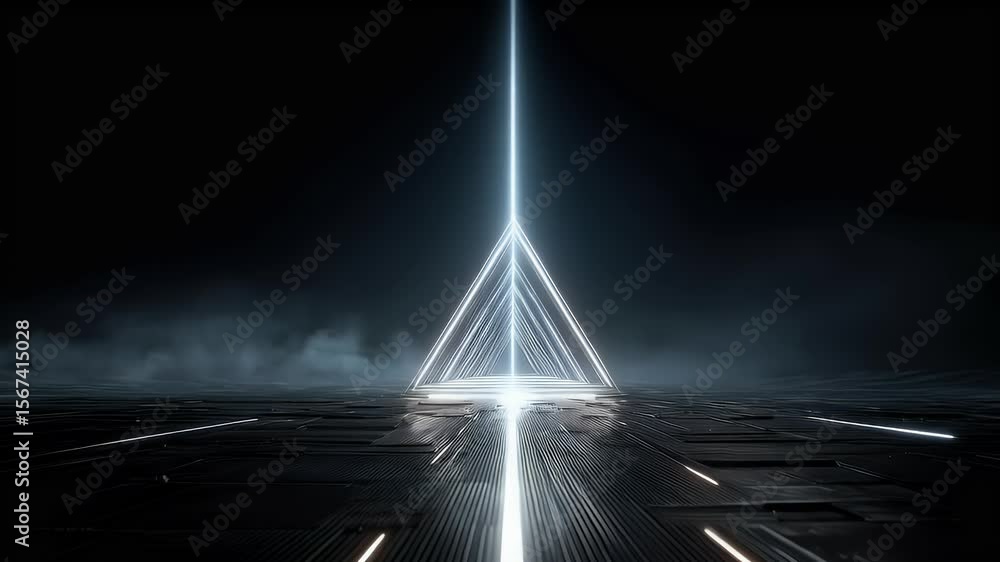 Poster futuristic glowing triangle structure in fog