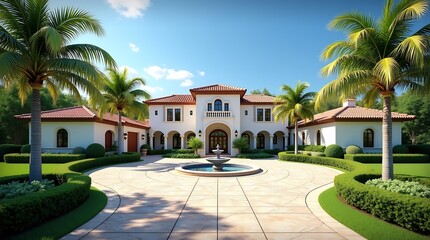 Luxurious Mediterranean Estate with Fountain, Palm Trees, and Manicured Landscaping, under Sunny Sky