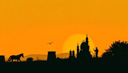 Fototapeta premium Orange sunset sky over tower building and industry factory installation at field with a walking horse and a construction work working man silhouette