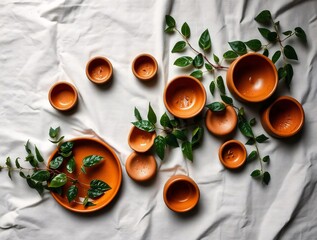 Wet Terracotta Ceramics with Green Leaves