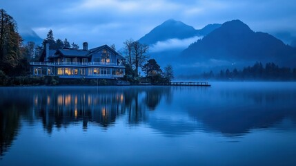 Fototapeta premium Tranquil lake house at dawn, lights reflecting on still water, mountains in the background