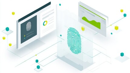 Isometric digital illustration of high-tech security and data management featuring a fingerprint icon, pie-chart, line graph, and colorful interconnected cubes on a minimalist white background.