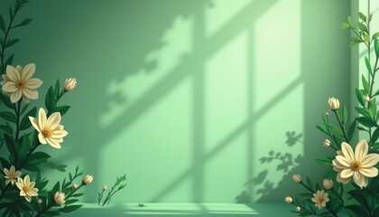 Pastel green wall adorned with delicate white flowers.