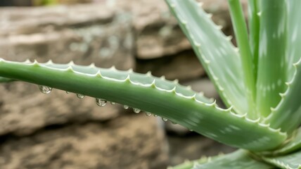 Detailed macro photograph of a fresh water drop on the colorful thorny edge of an aloe vera leaf.