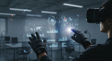 Virtual Reality Experience, User Interaction, Modern Tech Lab, Digital Art, Futuristic Environment, Close-Up, Innovative Concepts