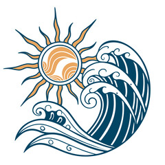 Stylized Sun and Waves Illustration with Decorative Elements and Clean Lines