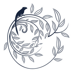 Elegant Bird Perched on a Swirling Branch with Leaves Illustration