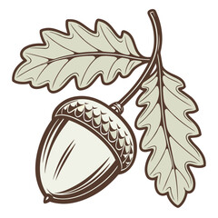 Elegant Oak Acorn and Leaves Illustration with Neutral Colors and Brown Outlines