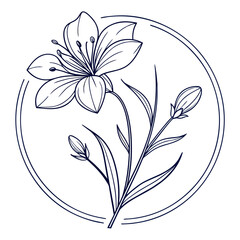 Elegant Floral Line Art Illustration with Circle Frame and Delicate Details
