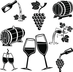 Wine Bottle Glass Barrel Silhouettes Vector Set