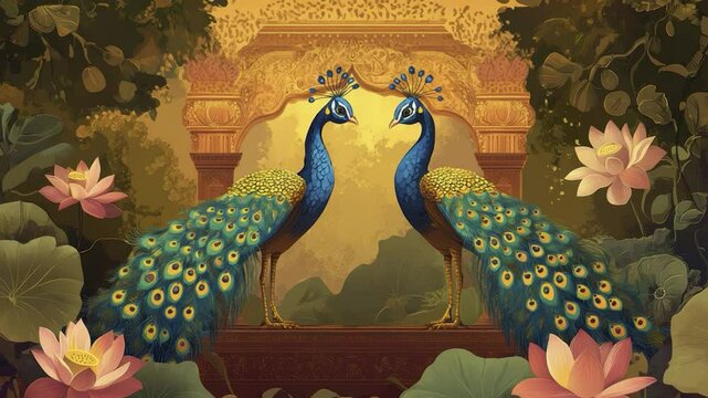 Two peacocks facing each other, standing majestically before an ornate archway, surrounded by lush foliage and pink lotuses.