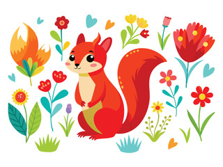 Cute cartoon red squirrel surrounded by colorful flowers and hearts isolated on white background
