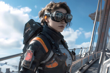Portrait of a beautiful girl wearing a futuristic space suit with sky background digital sci-fi concept