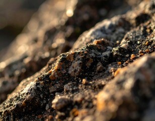 Close-up texture shows warm light on surface details of an old rough rock formation.