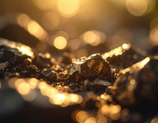 Shimmering stones sparkle with a golden hue, captivating details are revealed in this close up shot, a study in light and texture.
