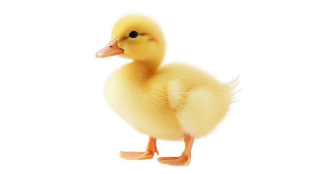 Cute yellow duck with soft feathers and orange beak, standing still Transparent background, PNG