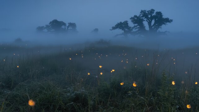 Magical scene of countless fireflies glowing in a misty field at twilight. - Powered by Adobe