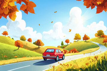 Autumn landscape with road and red car vector cartoon illustration colorful fall scenery
