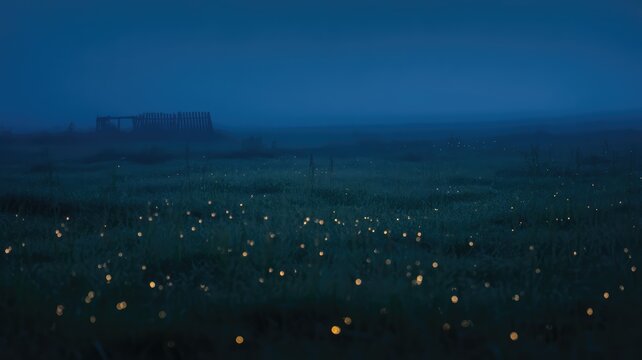 Magical scene of countless fireflies glowing in a misty field at twilight.