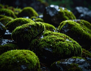 Lush green moss clings to dark stones, creating a tranquil scene in a natural woodland environment.
