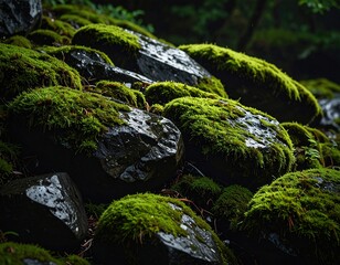 Vivid green moss adorns dark, wet rocks in a lush forest setting, showcasing nature's beauty and intricate textures.