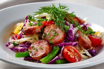Sliced kielbasa frying with colorful vegetables and herbs composing a delicious salad