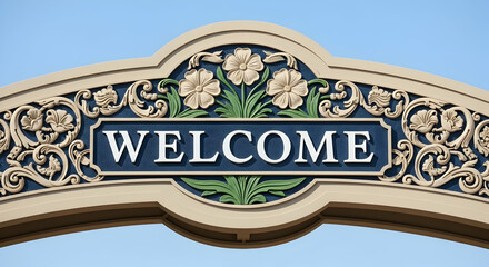 Ornate Welcome Sign Displaying Floral Carvings Against a Clear Blue Sky Backdrop