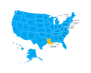 USA Map with state names, highlighted at Luoisiana. Easy to edit vector
