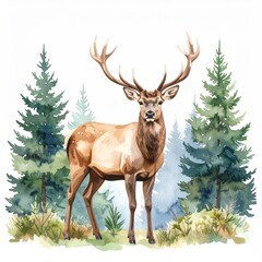 Majestic elk stands gracefully amidst towering evergreen trees, watercolor illustration evoking nature's charm and wildlife beauty.