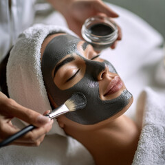 Close-up of young woman getting spa massage treatment at beauty spa salon. Aesthetic Facial Treatment in A Luxury Spa