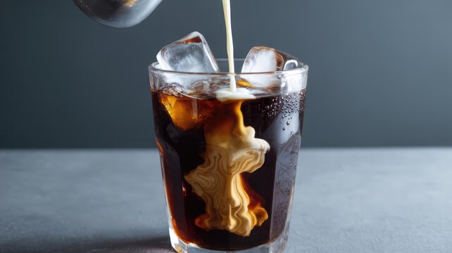 Making iced coffee by pouring fresh milk into a glass of cold brew with beautiful swirls on a wooden table.